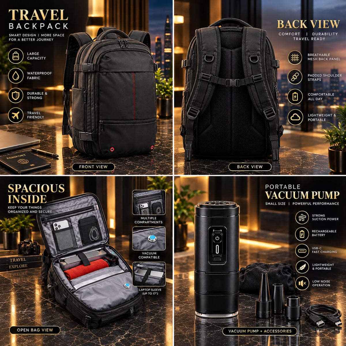 Travel Backpack with Built-In Vacuum Compression System