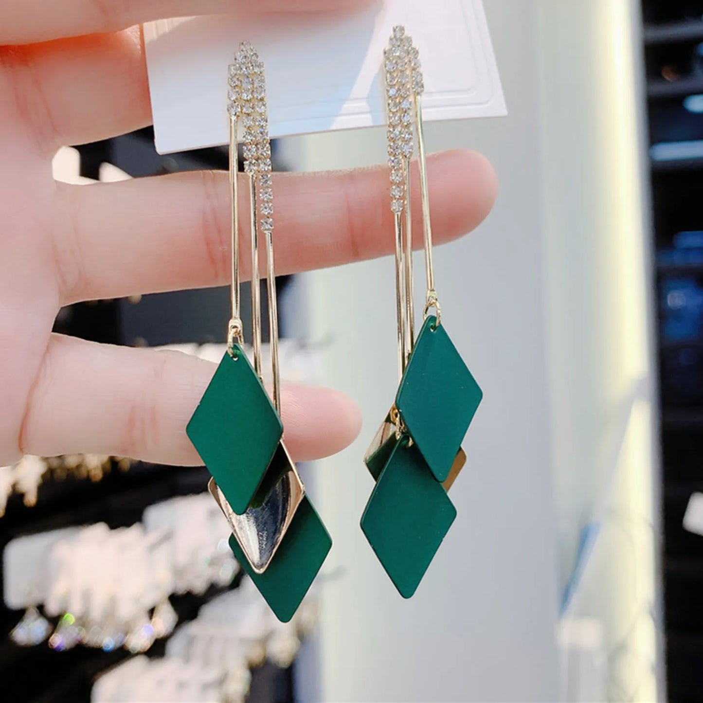 Geometric Fashion Rhinestone Rhombus Tassel Earrings